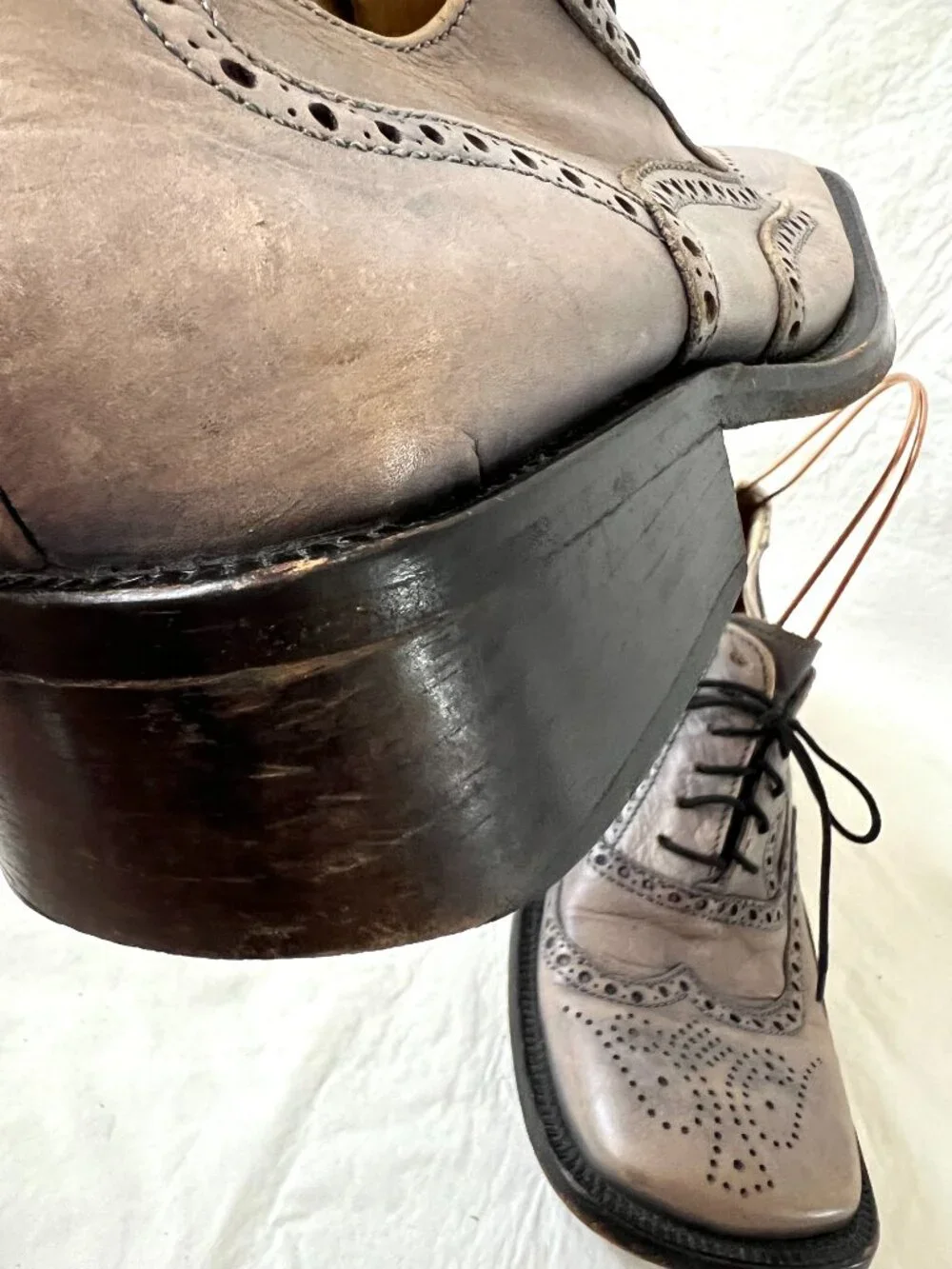 Wingtip shoes blue beige leather square toe mens EU 43 chunky brogues unique